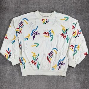 Vintage‎ Morelle Crewneck Womens Medium White Scribbles Long Sleeve 80s Retro